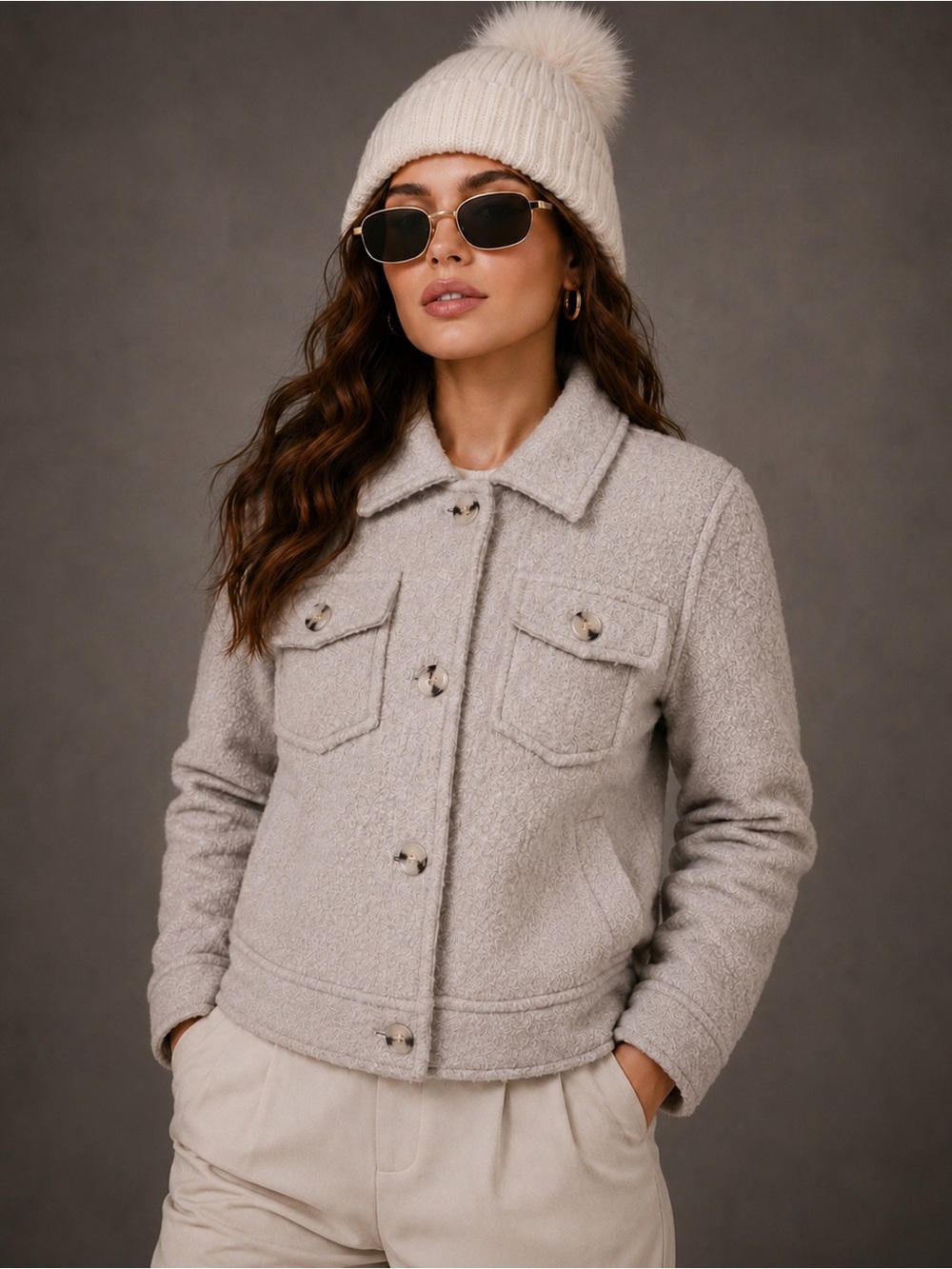 CoffeeShop New York Faux Wool Trucker Jacket Size S Beige Cropped Button Front S